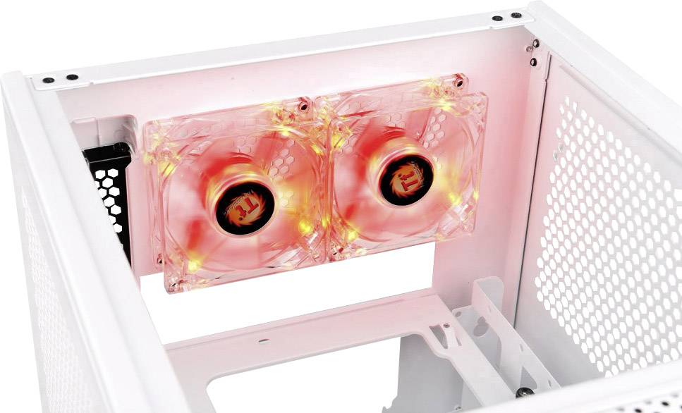 Två rödlysande fläktar är monterade på baksidan av ett vitt datorhölje för att förbättra kylningen.