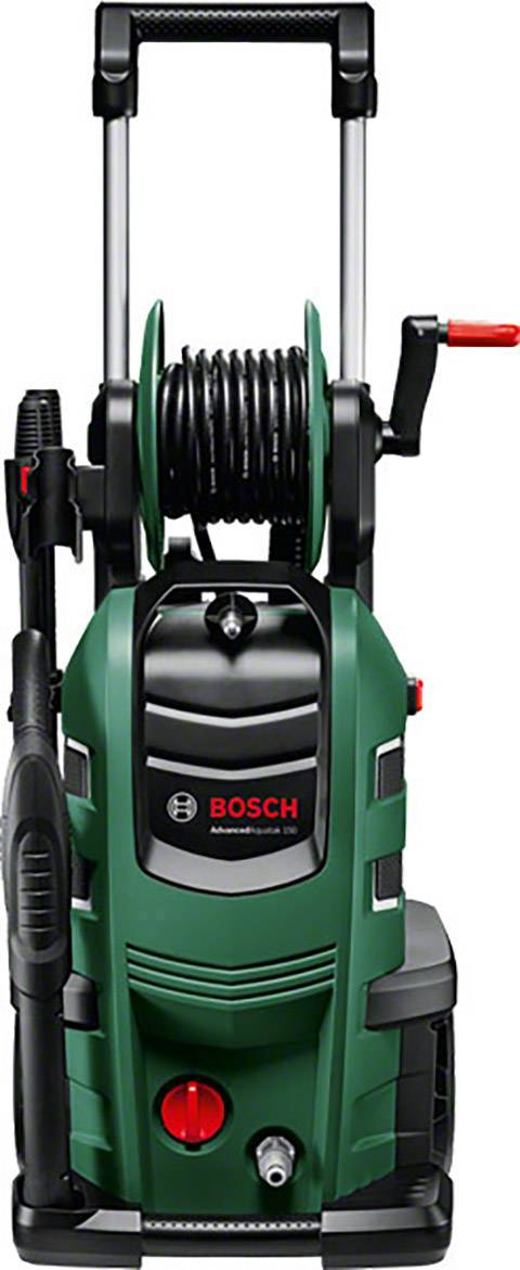 Högtryckstvätt från Bosch med integrerad slangtrumma, grön-svart, kompakt konstruerad, lämplig för rengöring utomhus.