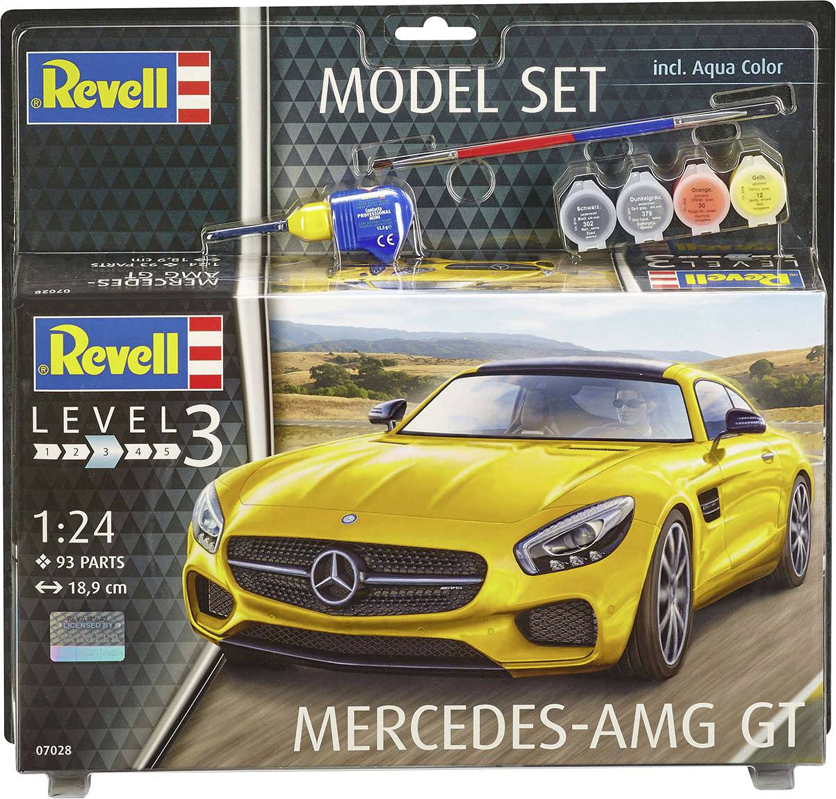 Revell modellbyggsats 'Mercedes-AMG GT', skala 1:24, nivå 3, med 93 delar. Set innehåller färger och penslar för ihopsättning.