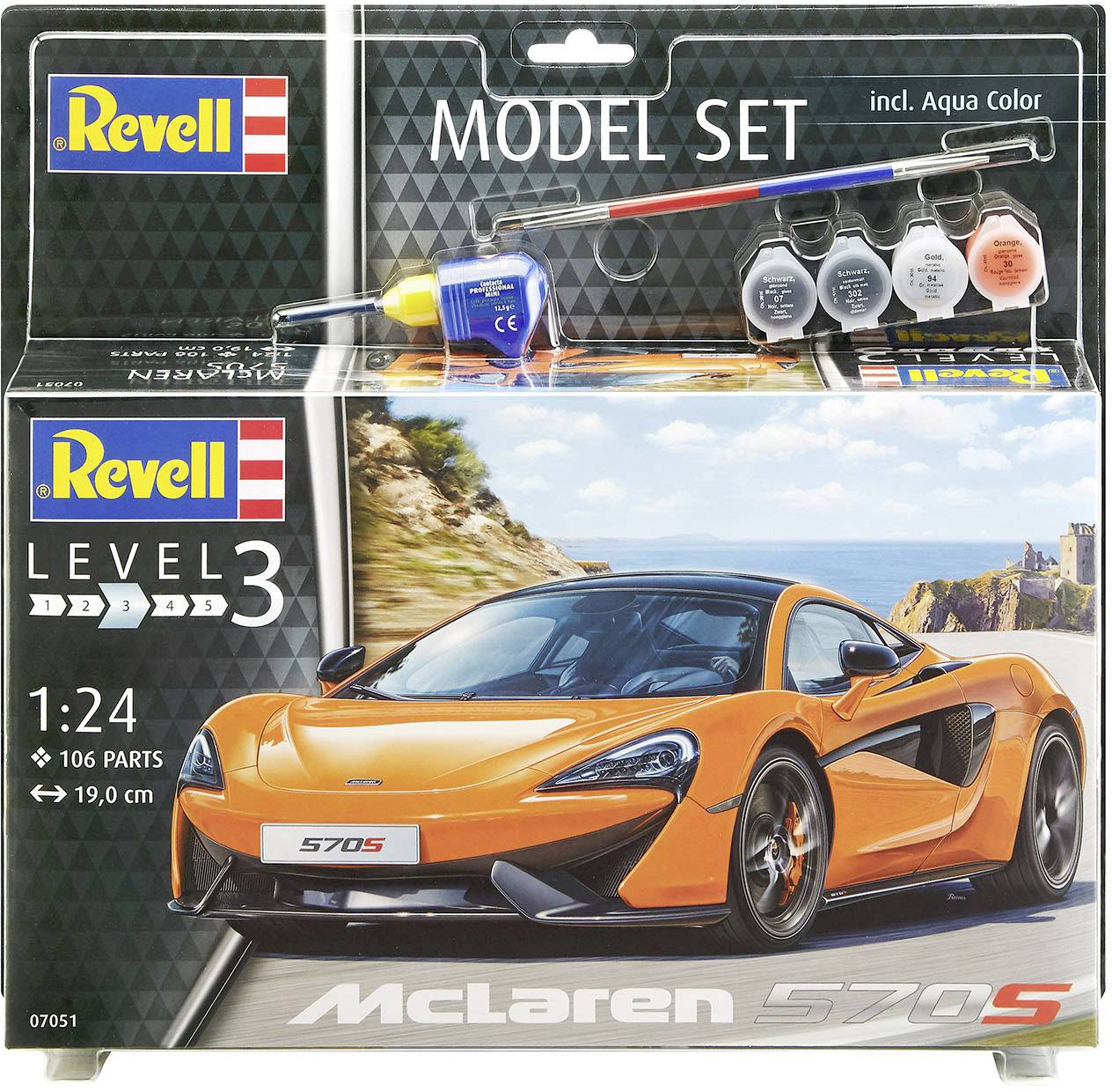 Byggsats för en McLaren 570S modellbil i skala 1:24 från Revell, inklusive färger och penslar, nivå 3 för erfarna modellbyggare.