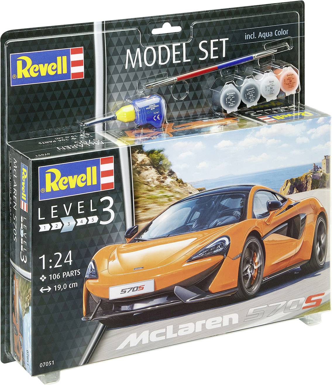 Revell modellbyggsats "McLaren 570S" i skala 1:24. Innehåller 106 delar, färger och penslar. Förpackningen visar den färdiga modellbilen.