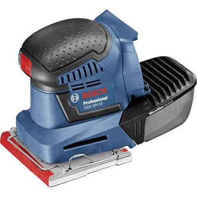 En blå Bosch svängslipmaskin GSS 18V-10 med mikrofiltersystem. Kompakt och batteridrivet, perfekt för finarbeten.