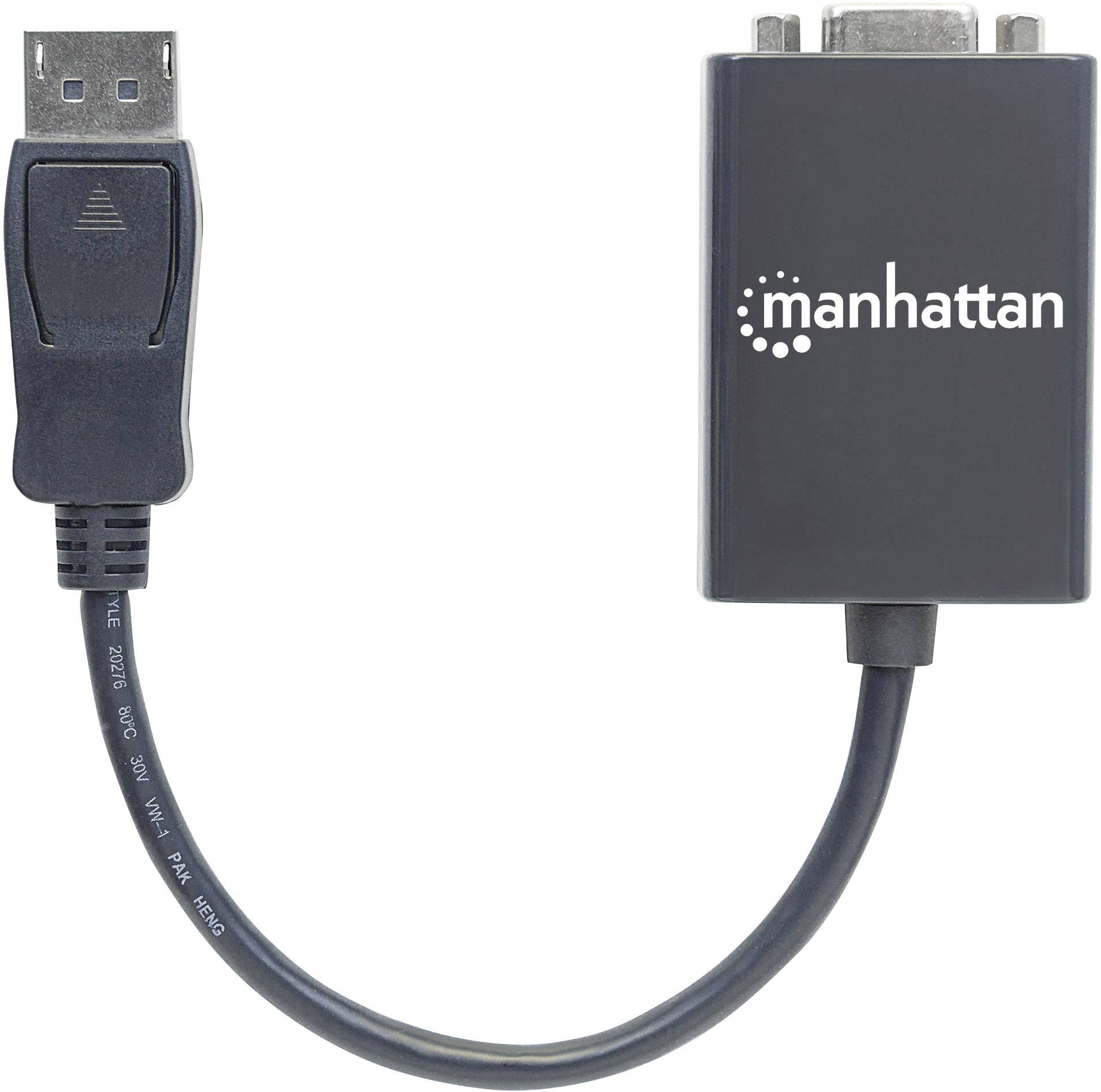 Adapter från Manhattan med USB-kontakt till vänster och VGA-kontakt till höger, förbundna genom en kort kabel. Används för att konvertera från USB till VGA.