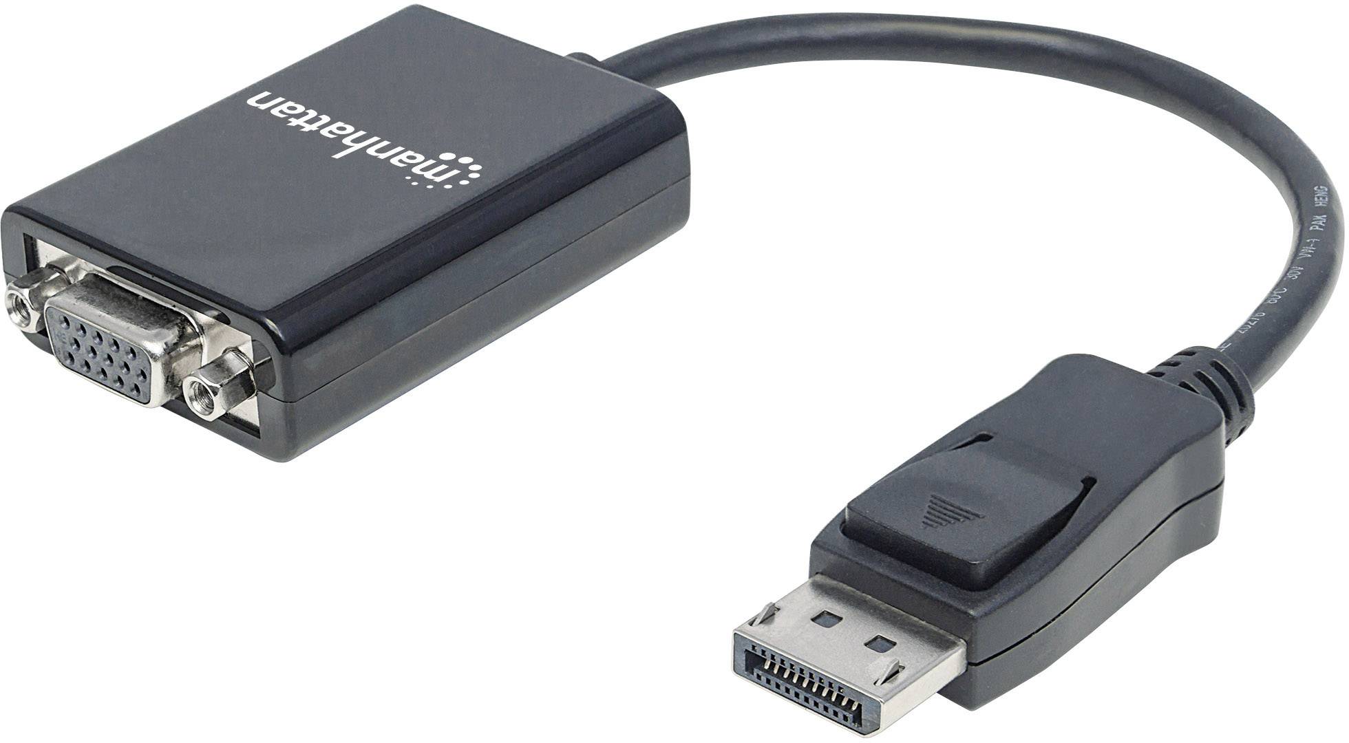 En svart DisplayPort-till-VGA-adapter från Manhattan som ansluter en dator till en bildskärm.