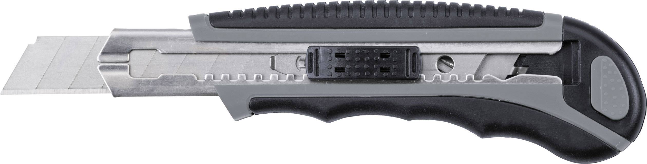 Ett svart och silver mattkniv med infällbart blad och ergonomiskt handtag ligger på en vit yta.
