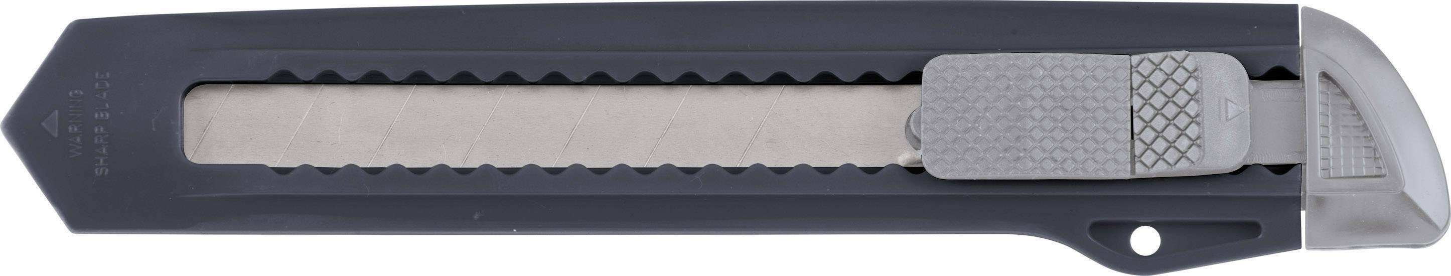 Grå universalkniv med ett utdragbart, tandad metallblad för användning vid skärning av papper eller kartong.