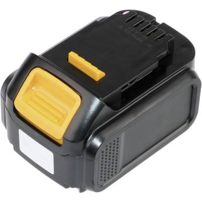 En svart batterienhet med gul upplåsningsknapp, lämplig för verktyg eller maskiner.