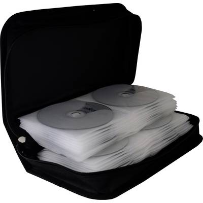 En öppnad CD-fodral med flera CDs i vita fodral, prydligt staplade.
