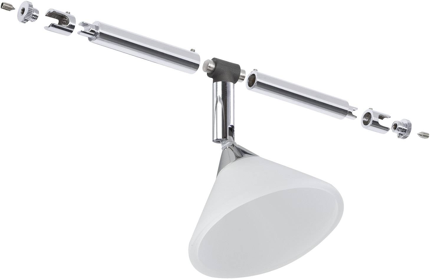 Taklampa med en vit, konisk lampskärm monterad på en kromad, modulär skena med löstagbara komponenter.