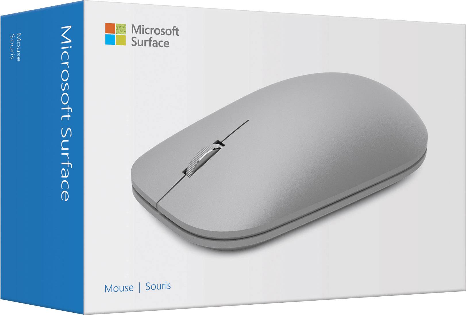 Grå Microsoft Surface-mus avbildad på förpackningen, med produktnamn och varumärkeslogotyp.