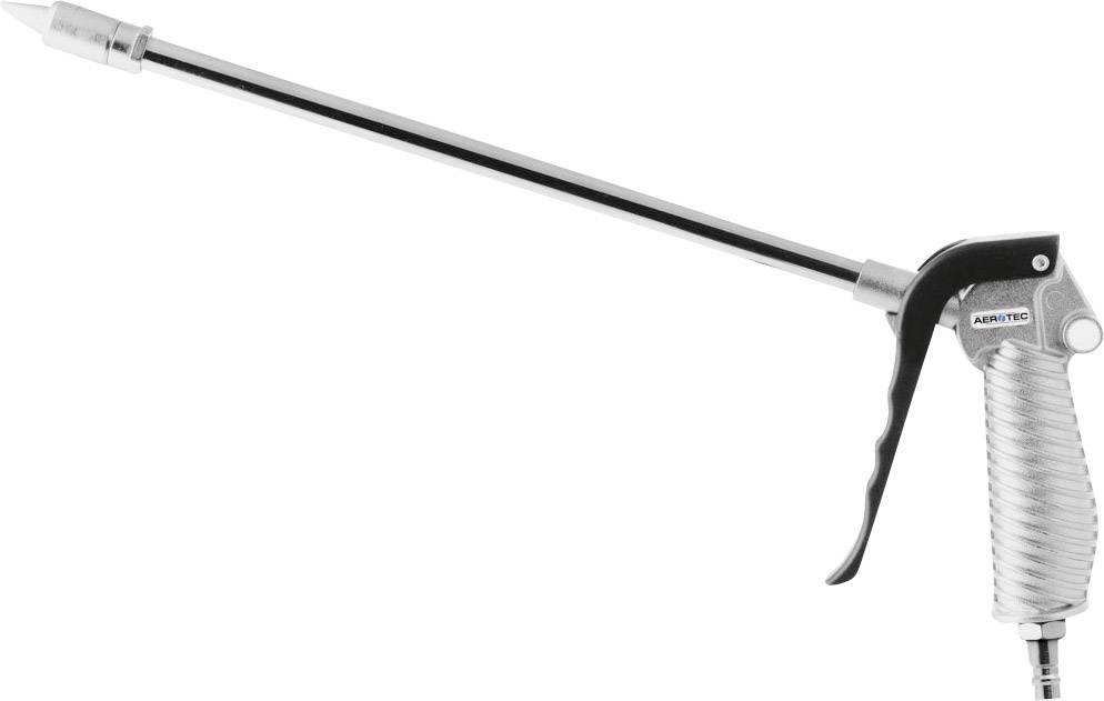 Tryckluftpistol med lång, smal munstycksförseelse för precisrengöring av svåråtkomliga områden, tillverkad av metall.