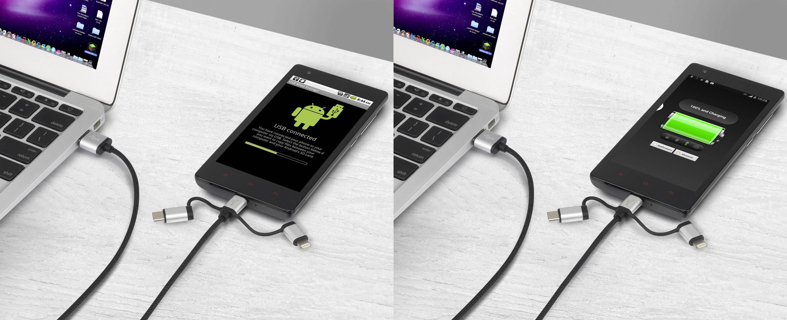 'En smartphone ansluts via USB-kabel till en bärbar dator och visar på skärmen laddningsstatus och en Android-uppdateringsavisering.'