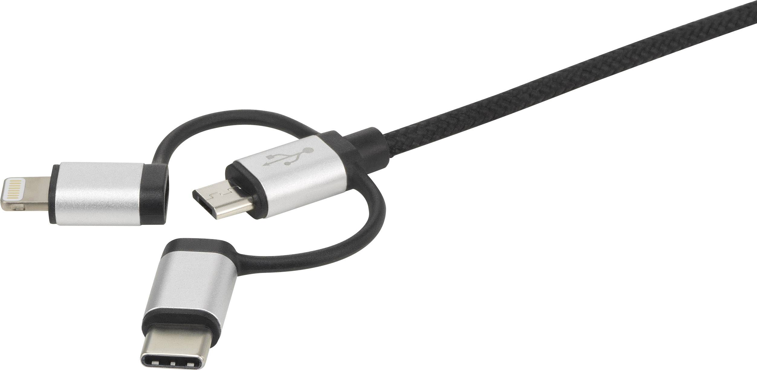 Ett USB-laddkabel med tre anslutningar: Lightning, Micro-USB och USB-C, lämplig för olika enheter.