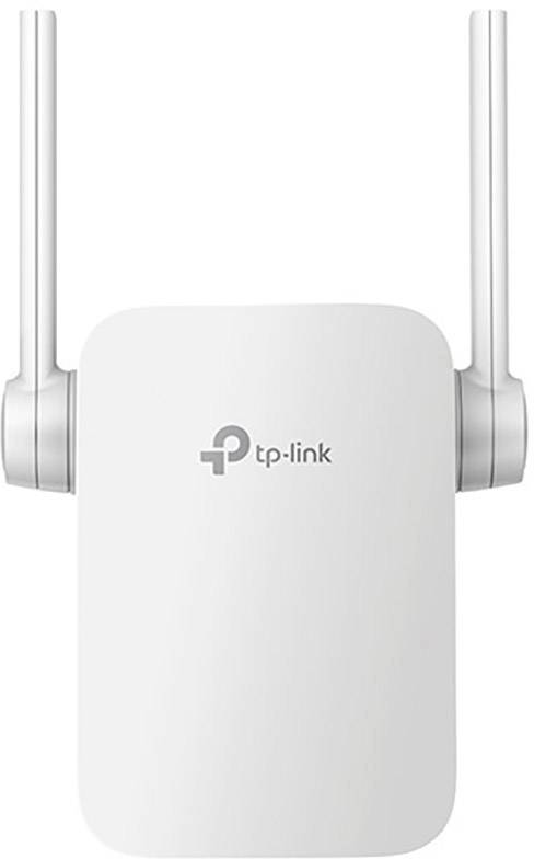 WLAN-repeater med två antenner från TP-Link för att utöka WiFi-räckvidden. Vit, kompakt design.