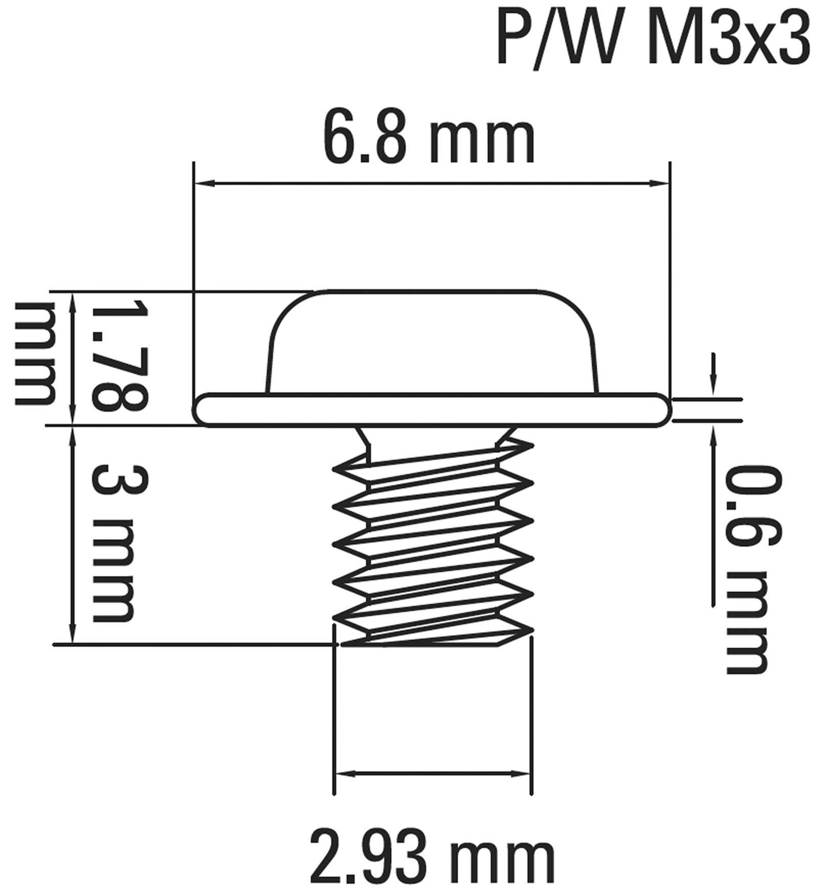 Teckning av en skruv P/W M3x3 med dimensioner: 6,8 mm längd, 3 mm huvudhöjd, 2,93 mm gängdiameter, 0,6 mm och 1,78 mm diameter på olika ställen.