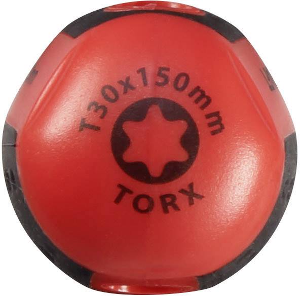 Röd skruvmejselhandtag med Torx T30x150mm-märkning, stjärnformad i mitten.