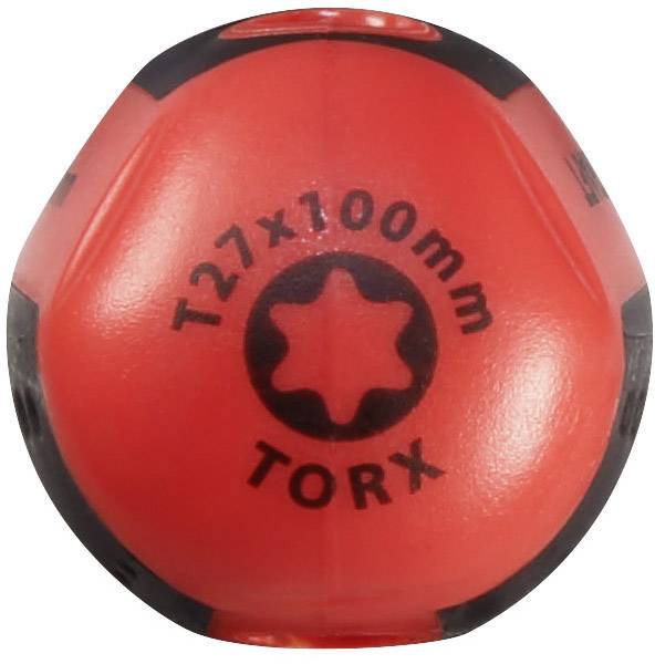 Röd skruvmejselhandtag med svart stjärnmönster och text 'T27 x 100 mm TORX', visar verktygstyp och storlek.
