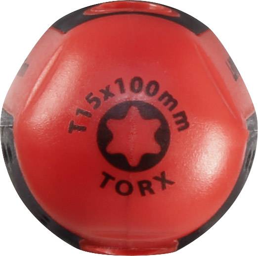 Röd verktygsskaft med svart text 'T15x100mm TORX', visar verktygets typ och dimensioner.