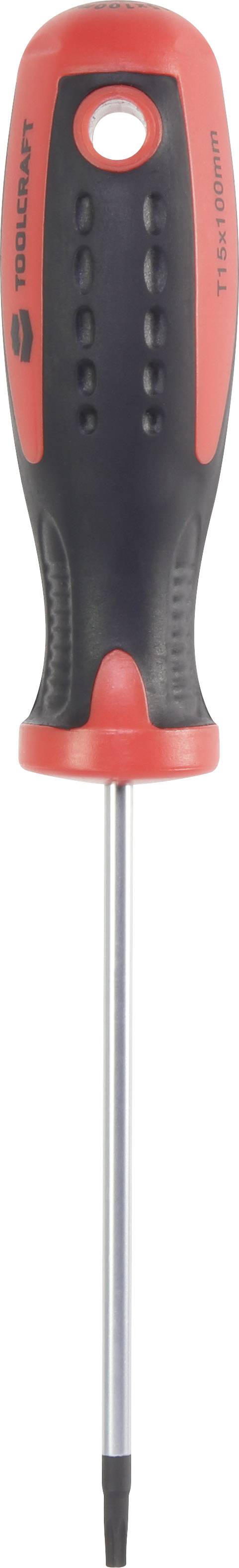 En röd och svart skruvmejsel med ergonomiskt handtag och en smal metallspets.