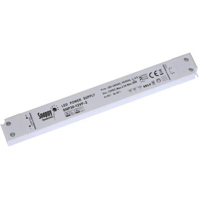 'Snappy Optoelectronics LED-nätaggregat SNP30-12VF-2', smalt, vitt, Ingång: 200-240VAC, 50/60Hz, 10-9A, Utgång: 12VDC, märkt CE och andra certifieringar.