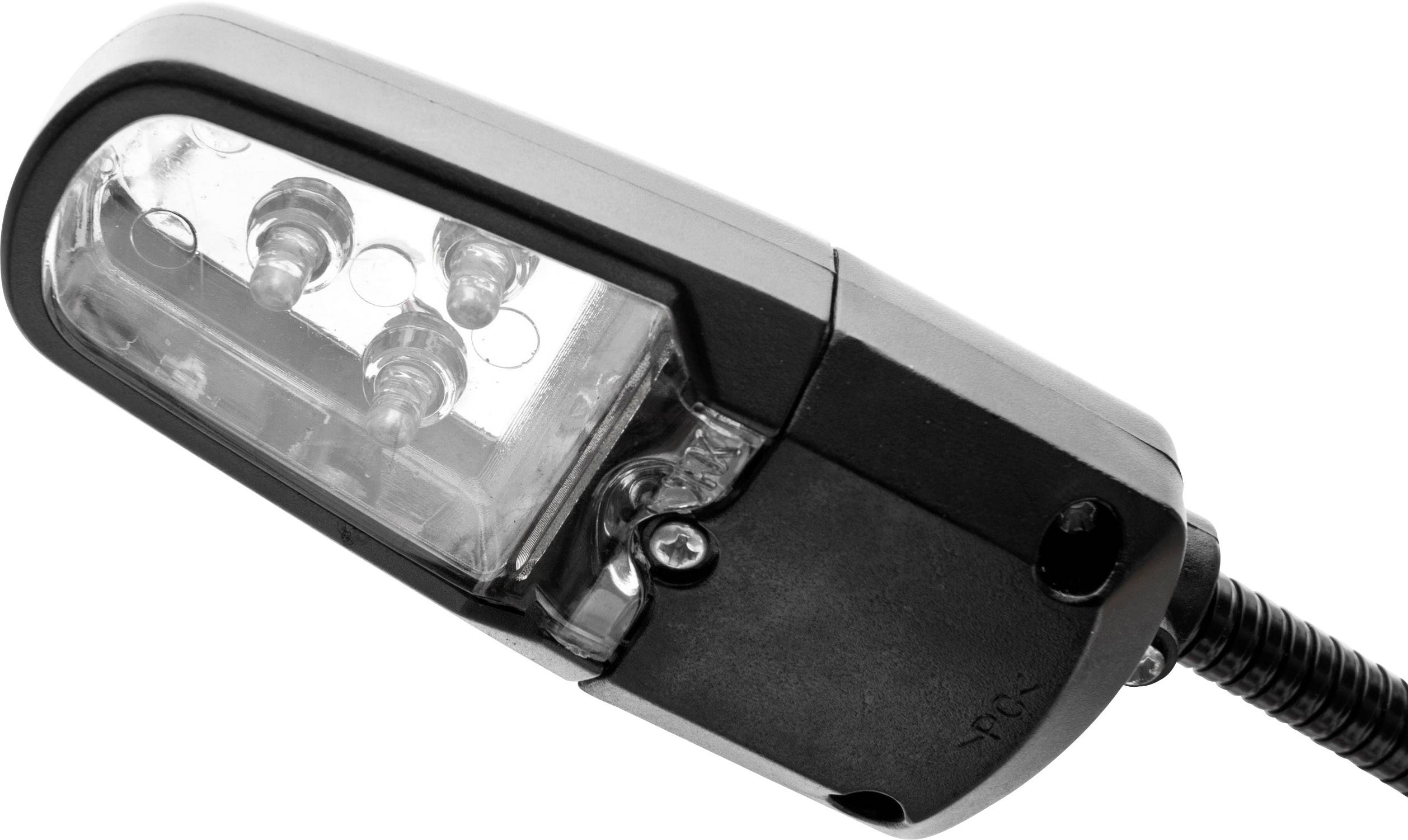 En svart cykelframlampa med integrerad reflektor och fyra LED-lampor, monterad på en kabel.