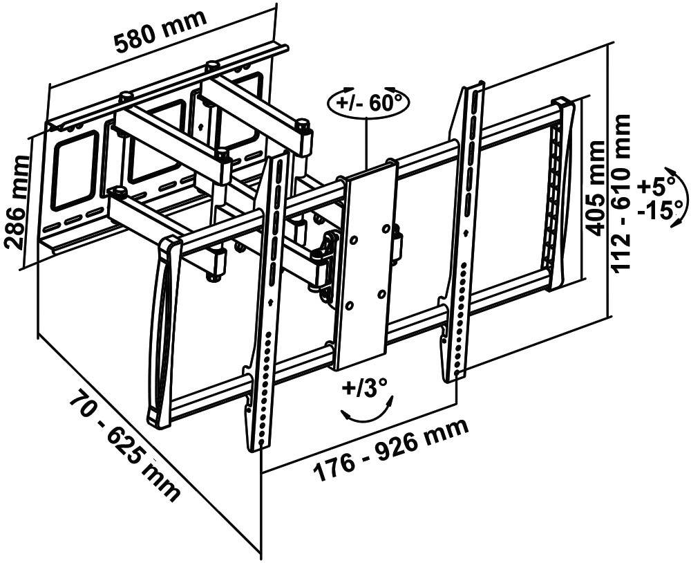 Väggfäste för TV, vridbart och lutbart, med dimensioner: 580 mm bredd, 286 mm höjd, utdragbart 70-625 mm och 176-926 mm.