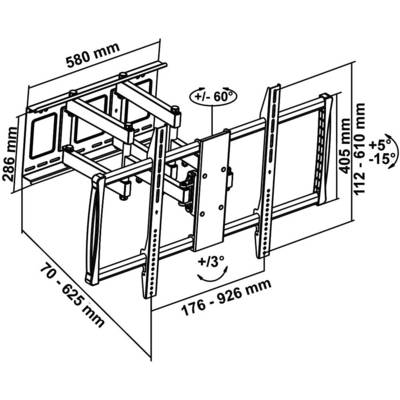 Väggfäste för TV, vridbart och lutbart, med dimensioner: 580 mm bredd, 286 mm höjd, utdragbart 70-625 mm och 176-926 mm.