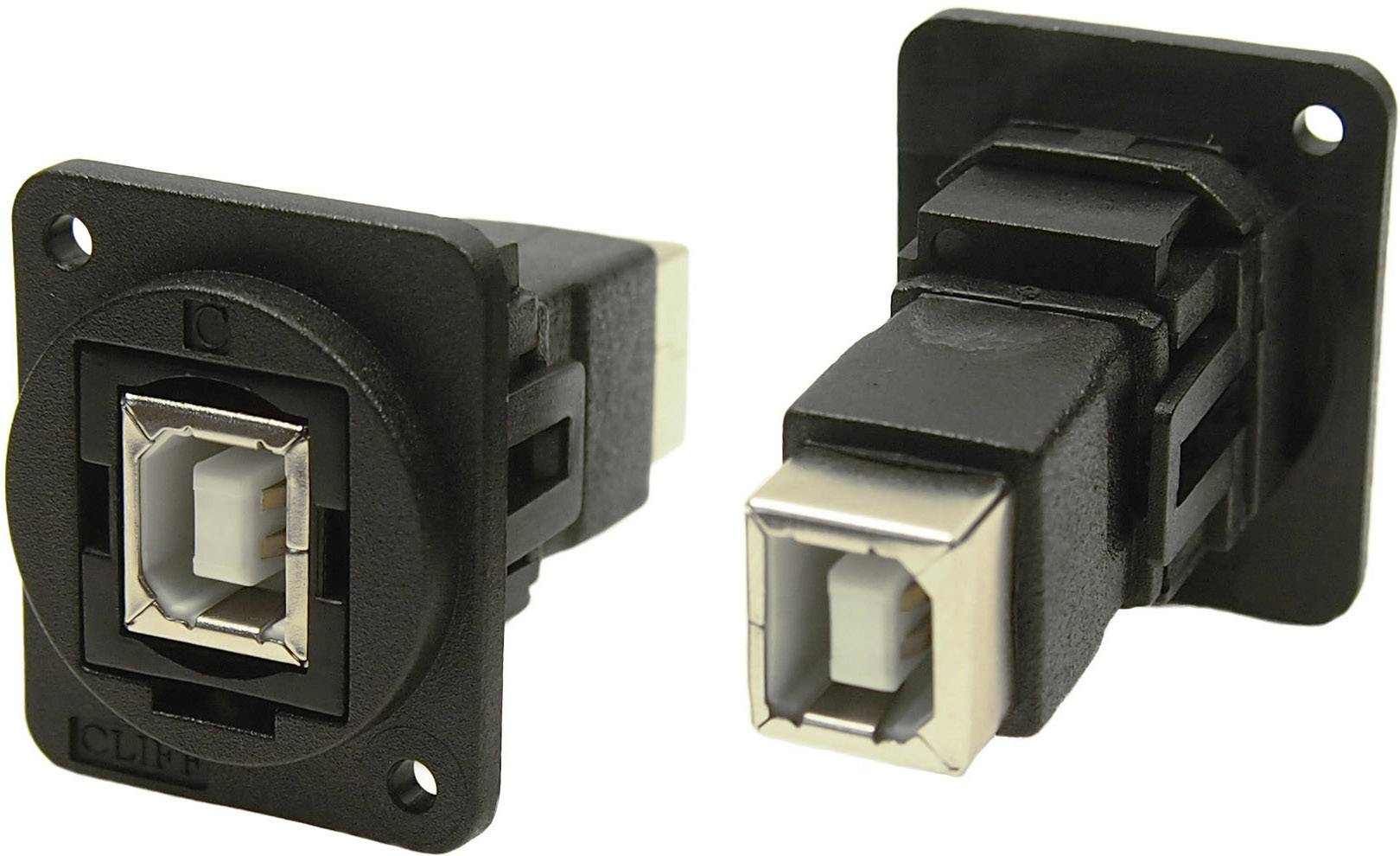 Neutrik NAUSB-W USB-adapterkontakt Typ-B, fram- och bakvy. Robust design för ljud- och scenutrustningsapplikationer.