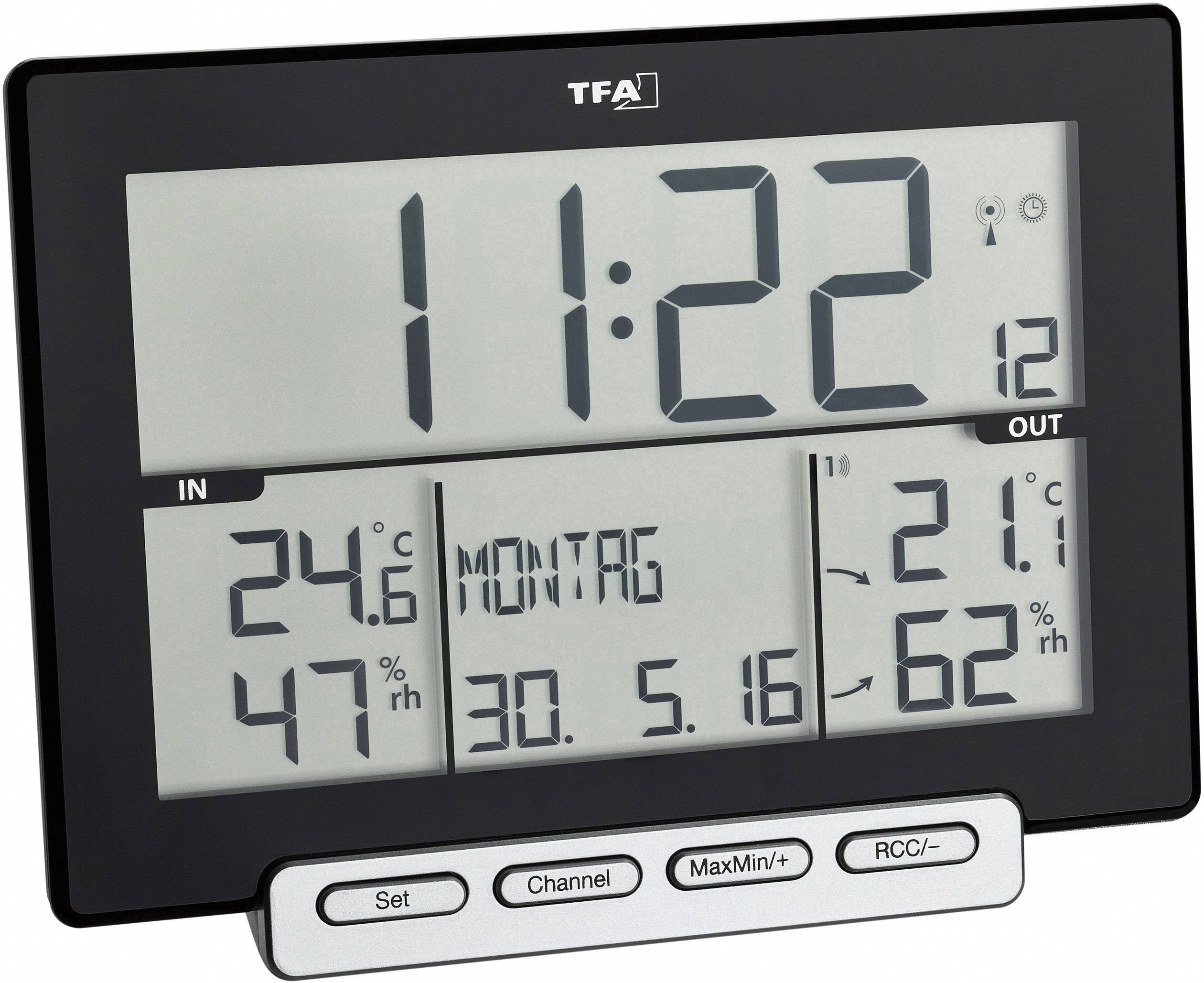 Digitalt termo-hygrometer visar tid 11:22, datum '30.5.16', veckodag 'Måndag', innetemperatur 24,6°C, utomhustemperatur 21°C.