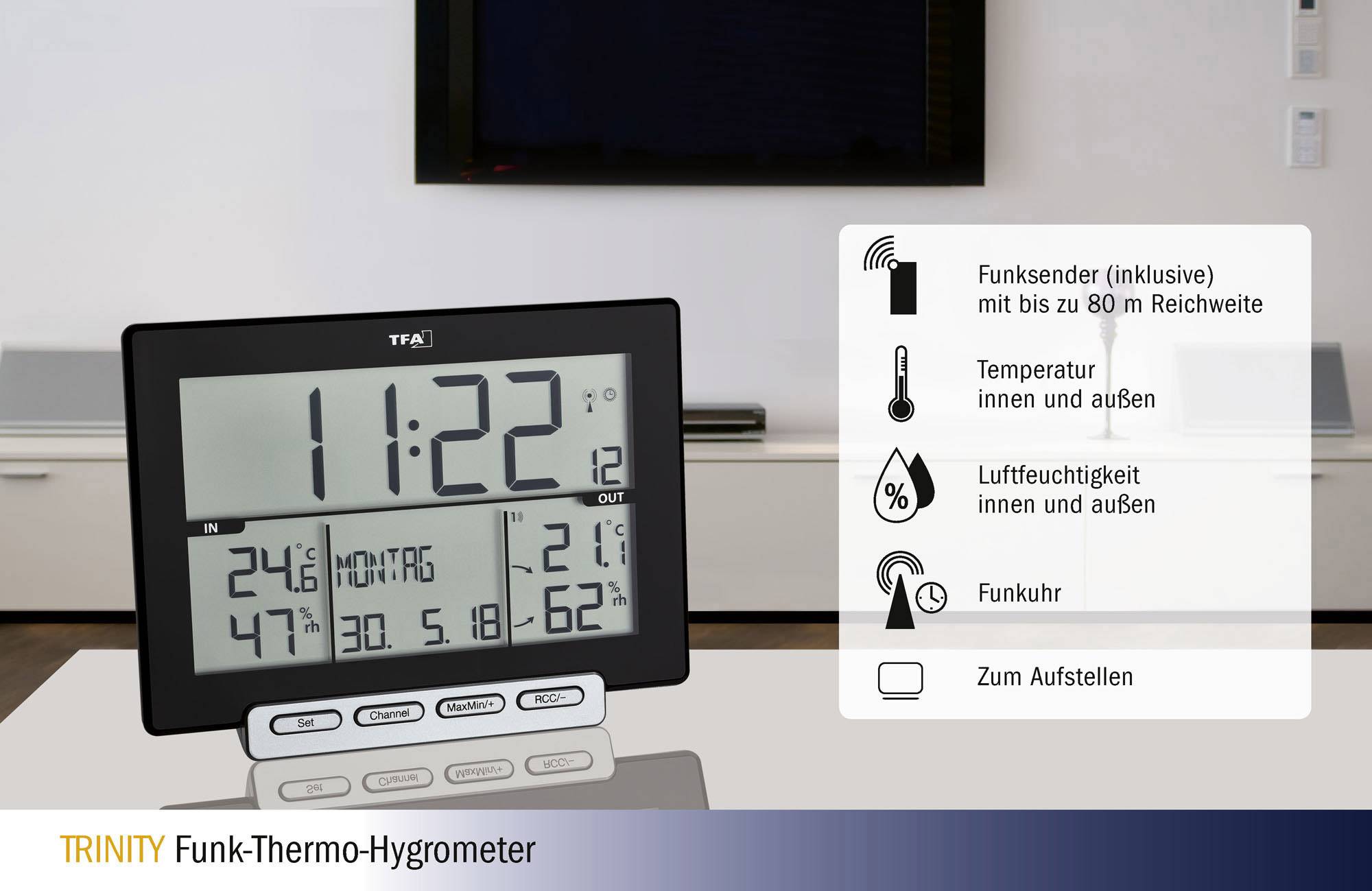 Digitalt trådlöst termo-hygrometer visar tid, datum, temperatur och luftfuktighet inomhus och utomhus. Inkluderar trådlös sändare.