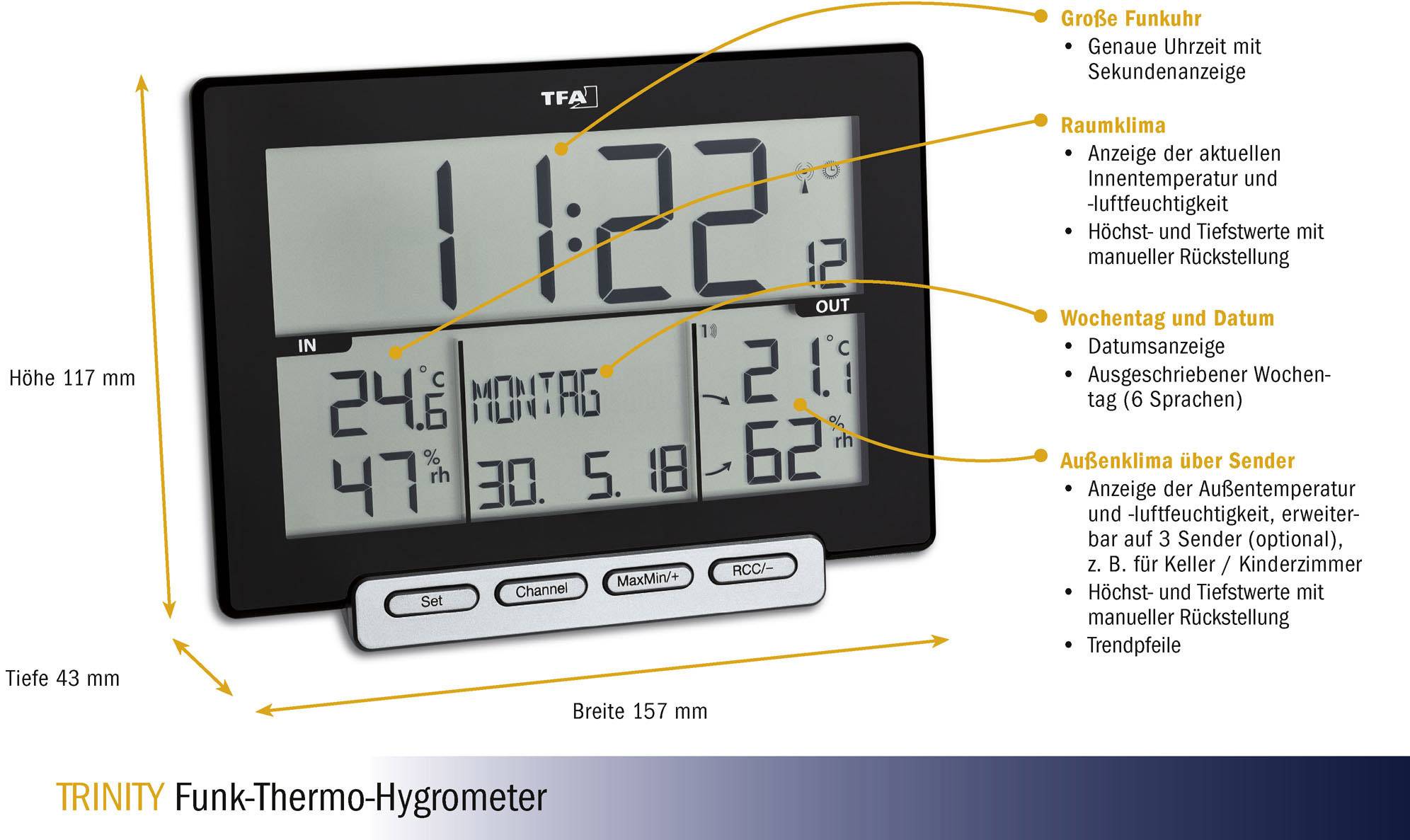 Digitalt radio-termohygrometer med stor tidvisning, inom- och utomhusklimatvisningar. Visar temperatur, luftfuktighet, veckodag och datum.