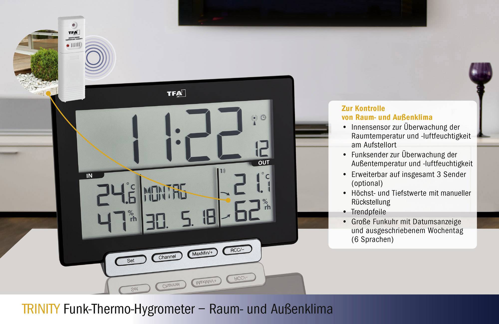 Bilden visar en trådlös termo-hygrometer digitalur. Till vänster finns temperaturvisningar (inomhus/utomhus), till höger text om funktioner.