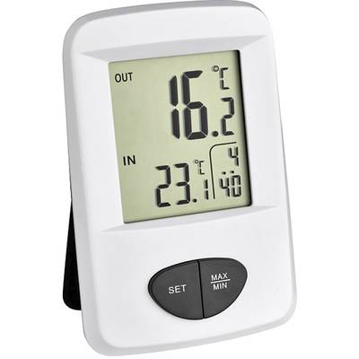 Digitalt termometer visar utomhustemperatur på 16,2°C och inomhustemperatur på 23,1°C. Knappar för inställningar och visning av max-/minvärden.