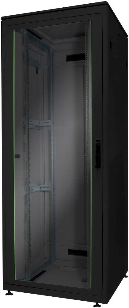 Svart serverrack, tomt och öppet, utan synlig hårdvara. Lämpligt för installation av nätverksenheter eller servrar.