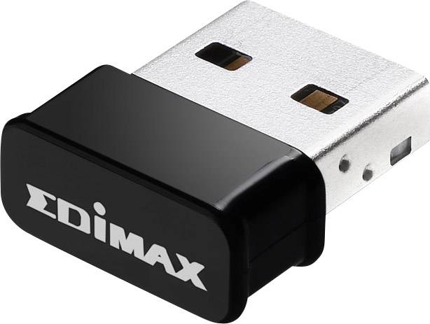 En kompakt USB WLAN-adapter med svart plastboett och 'EDIMAX'-logotyp; används för trådlös nätverksanslutning.