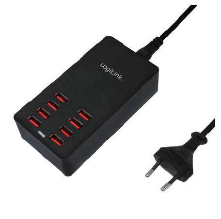Multi-USB-laddare med åtta röd-belysta USB-portar och en Euro-nätadapter. Varumärket 'LogiLink' synligt.