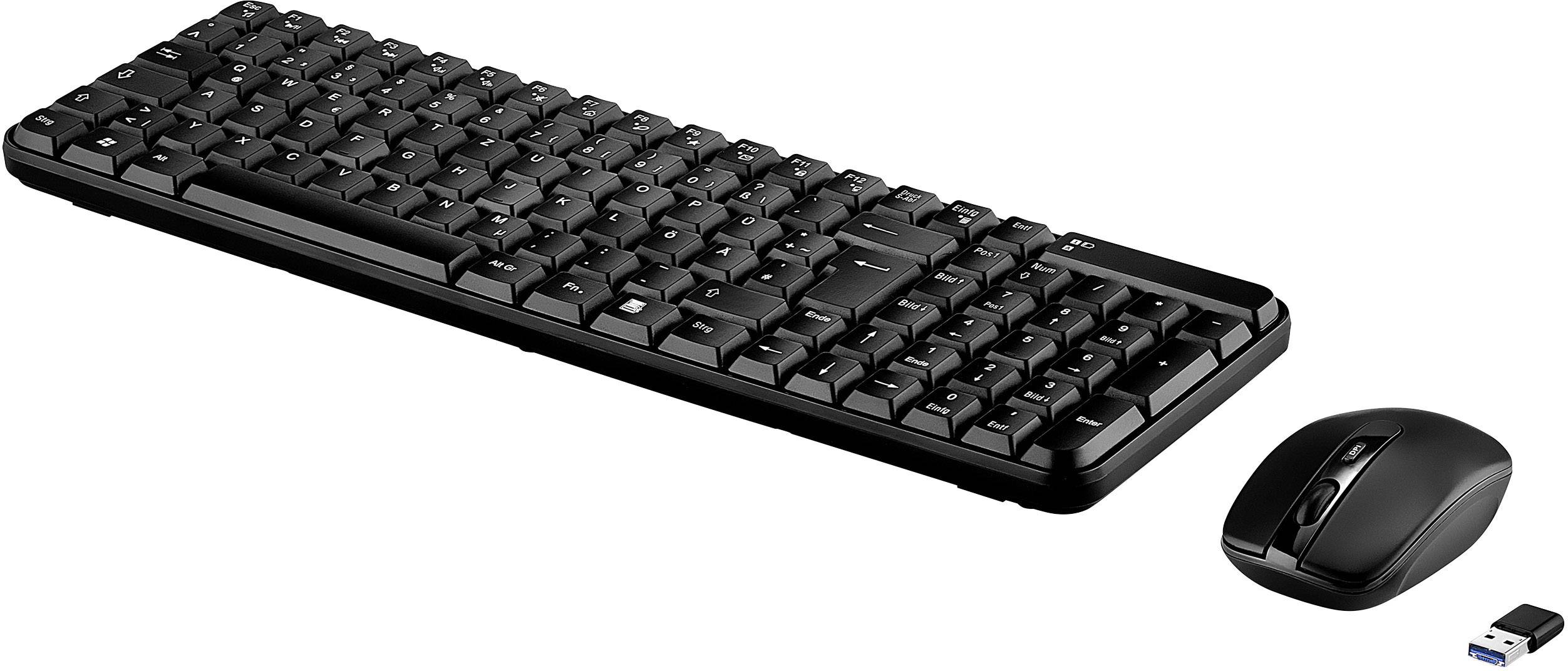 Svart trådlös tangentbord och mus med USB-mottagare, på vit bakgrund. Lämplig för datorer och bärbara datorer.