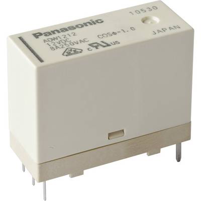 'Panasonic-relä, modell ADW712, 12 V DC, 8A 250VAC, vitt plastöverdrag, från Japan, med säkerhetsmärkning tryckt.'