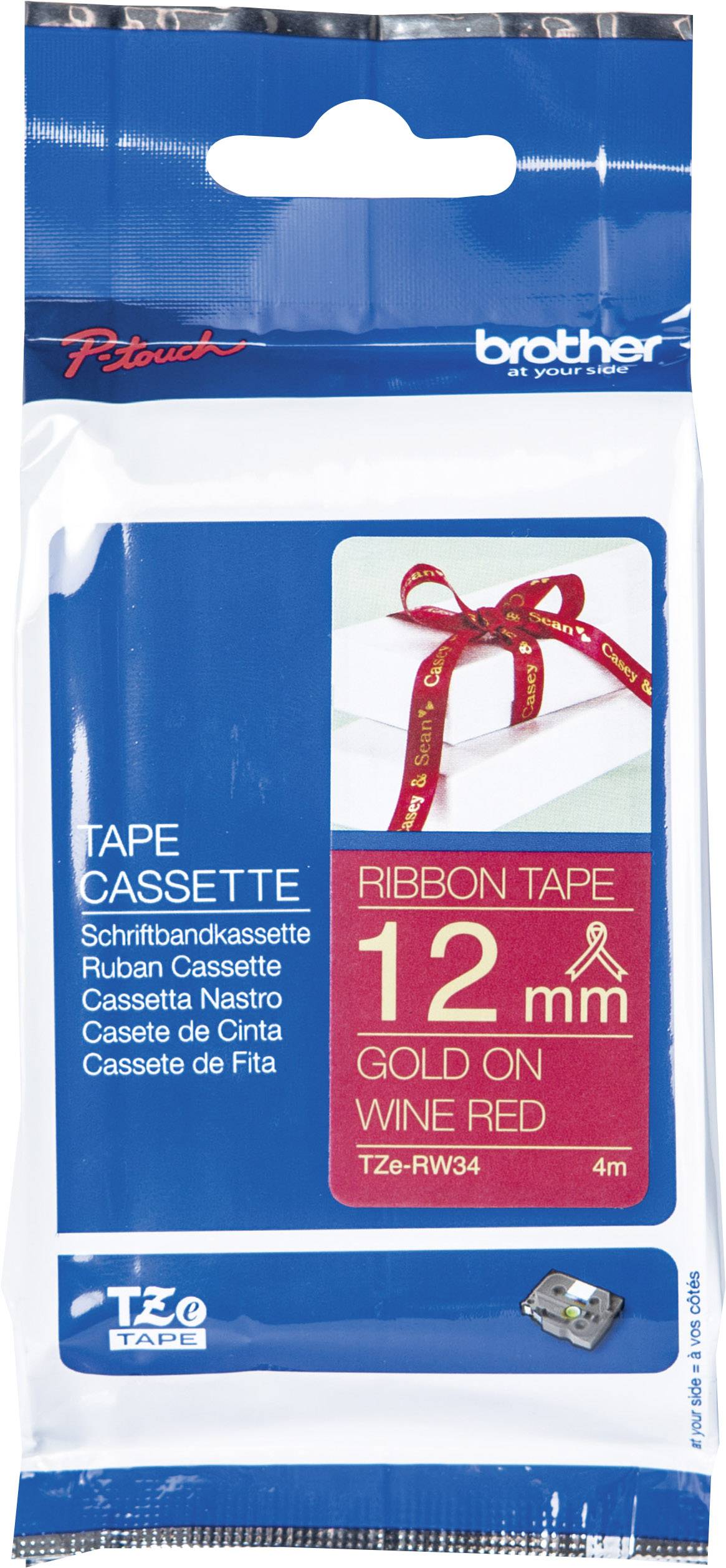 Förpackning för Brother märkningskassett: 'Ribbon Tape', 12 mm, Guld på vinrött, 4 m. Perfekt för dekoration eller förpackning.