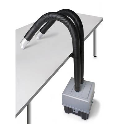 Bärbar rökutsug med två flexibla slangar, fastsatt på en grå låda. Enheten står på ett bord.