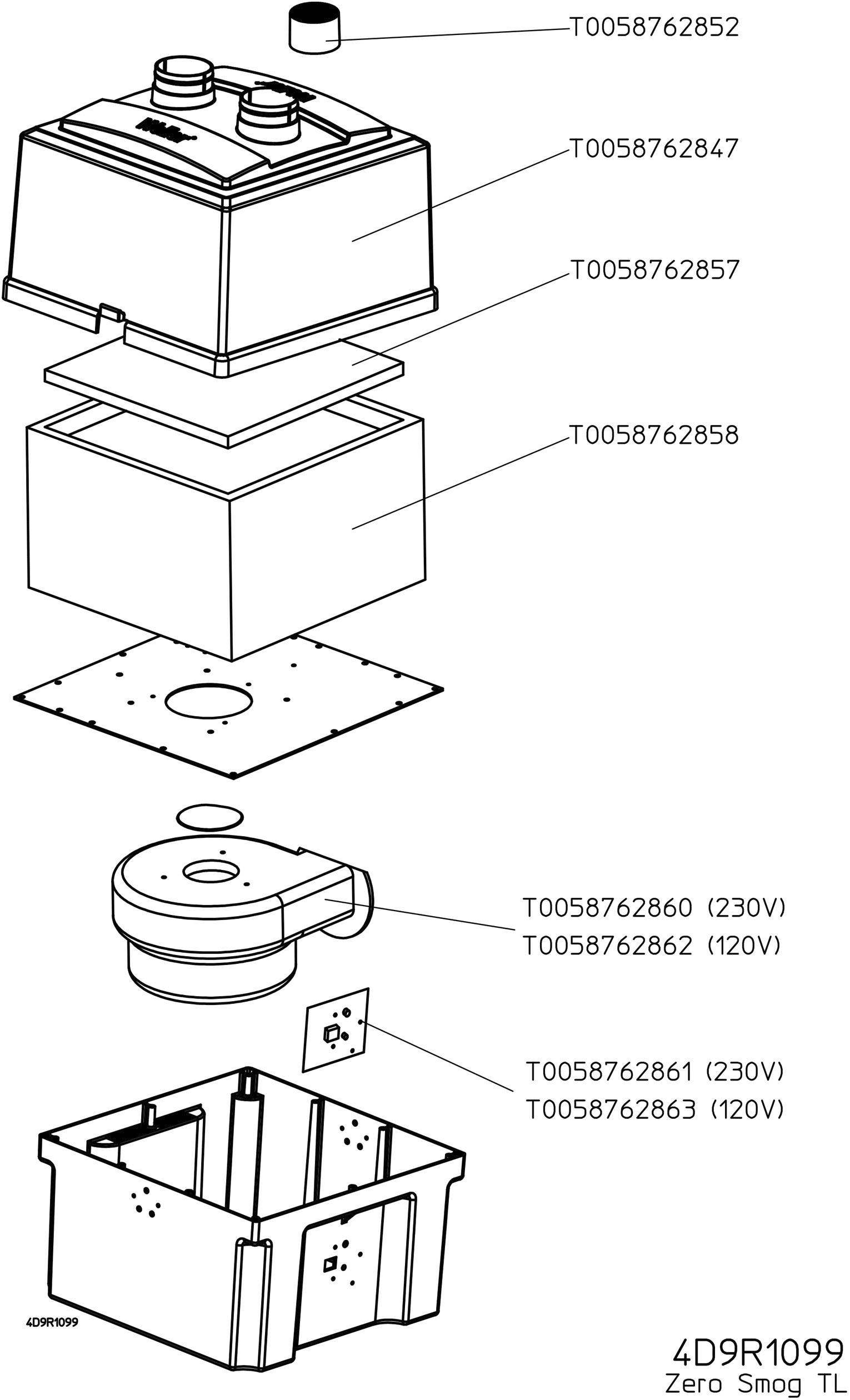 Sprängskiss av ett luftfilter med olika delar numrerade: Filterenhet, lock, packning och adapter. Etiketter visar modellnummer och spänningsspecifikationer.