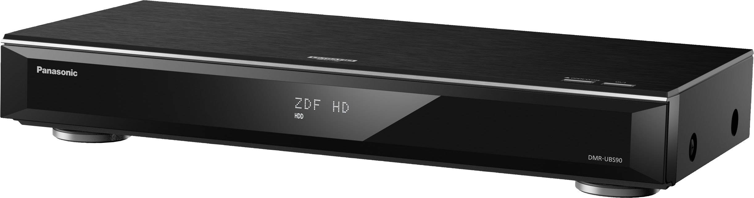 Svart Panasonic Blu-ray-recorder med display som visar 'ZDF HD'. Platt design, placerad på en yta.