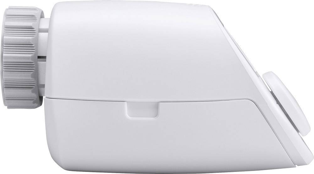 Vitt termostatventil sidledes, med vridbar reglage till vänster och slät yta till höger. Lämplig för temperaturreglering.