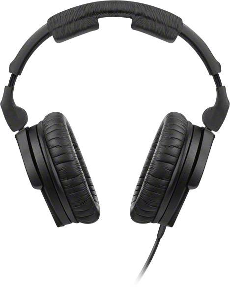Svart over-ear-hörlurar med stoppat huvudband och öronkåpor, kabel leder nedåt. Perfekt för att lyssna på musik.