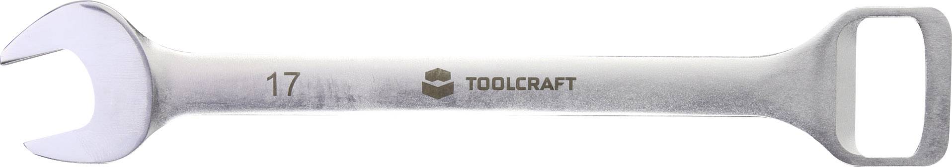 En silver gaffelskiftnyckel med storlek '17' och ett rektangulärt slut. I mitten finns logotypen och namnet 'TOOLCRAFT'.