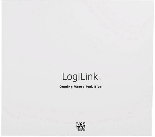 'LogiLink Gaming Musmatta, Blå'. Enkel vit förpackning med liten QR-kod längst ner.