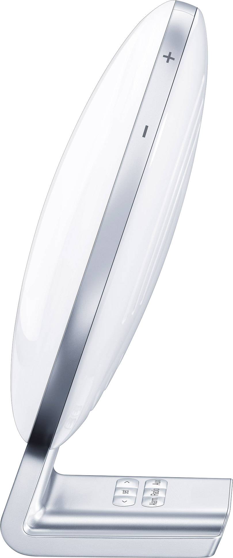 En oval LED-lampa sedd från sidan med silvriga kanter och knappar för justering av ljusstyrkan.