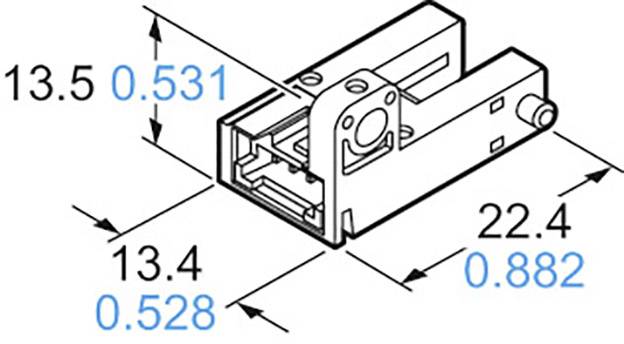 Teknisk ritning av en rektangulär komponent med mått: 13,5 x 13,4 x 22,4. Används för att visa dimensioner och struktur.