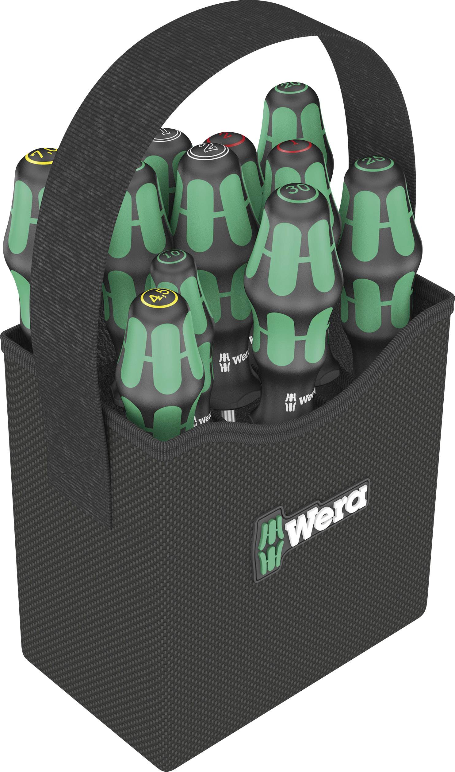 En set med åtta skruvmejslar med gröna och svarta handtag i en svart bärväska med 'Wera'-logotyp.