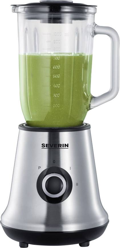 En elektrisk stavmixer med en glasbehållare fylld med en grön smoothie. Varumärket 'Severin' är synligt på basen.